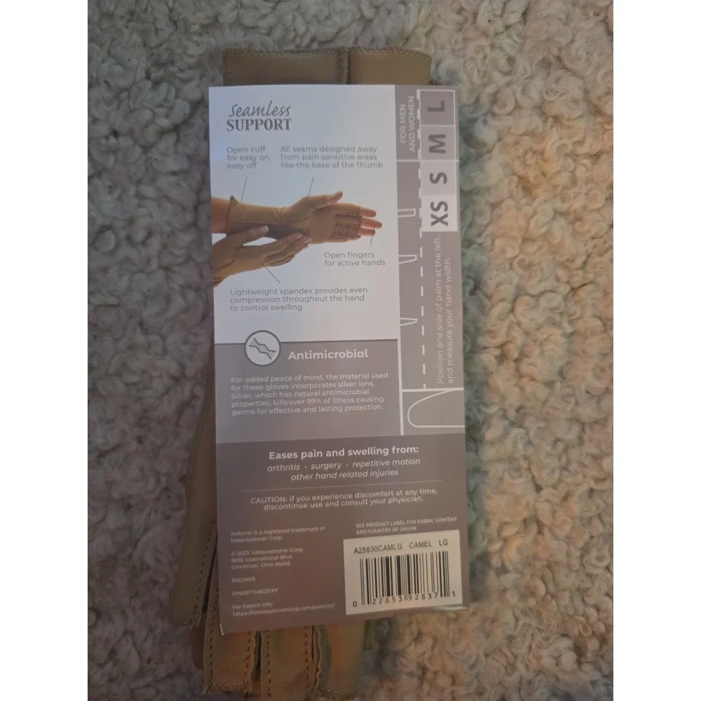 Isotoner Open Finger Compression Gloves Large Arthritis Carpal Tunnel Beige